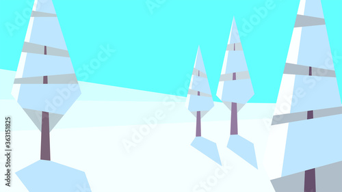 vector illustration, abstract geometric winter landscape, snow, plain, trees, day, clear sky