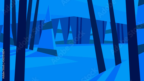 vector illustration, abstract geometric winter landscape, snow, forest, pine, spruce, trees, ice river, night