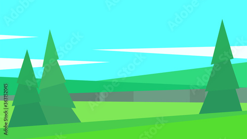 vector illustration, abstract geometric landscape, summer, pine, trees, forest, clouds, day