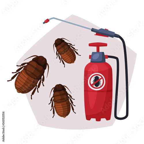 Sprayer of Black Cockroach Insecticide, Pest Control Service, Detecting and Exterminating Insects Vector Illustration