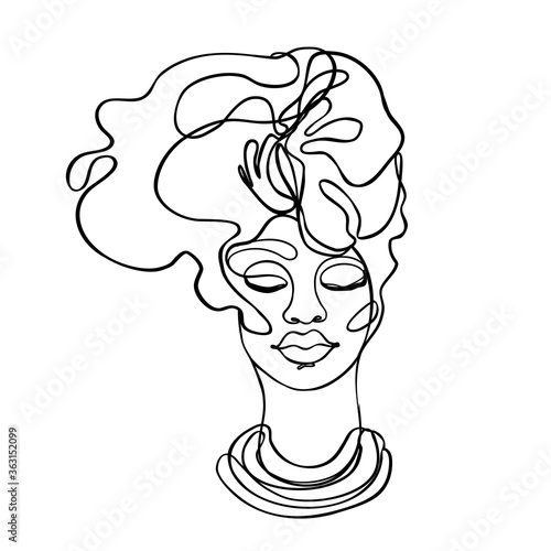 Abstract portrait of young African American woman. Continuous one line drawing isolated on white. Vector illustration in simple modern style.