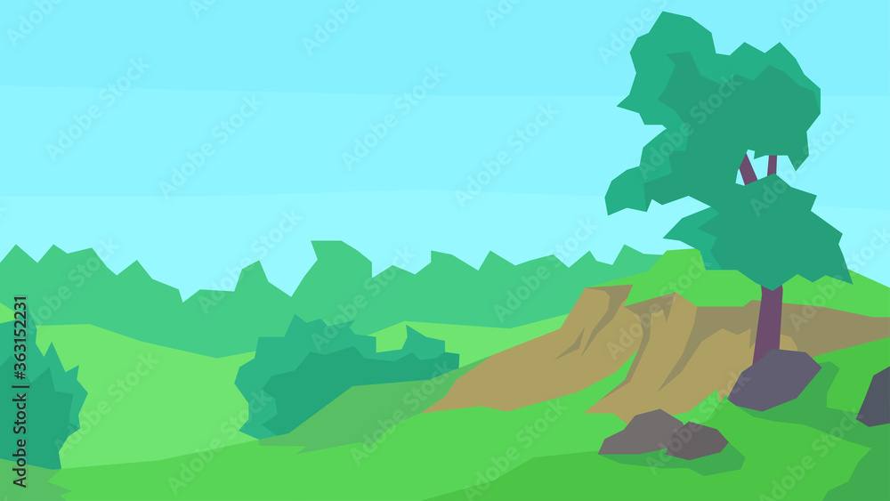 vector illustration, abstract landscape, clear sky, forest, tree, bush, stones, cliff