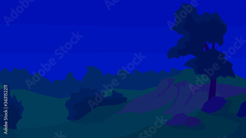vector illustration, abstract night landscape, clear sky, forest, tree, bush, stones, cliff © Voidentir