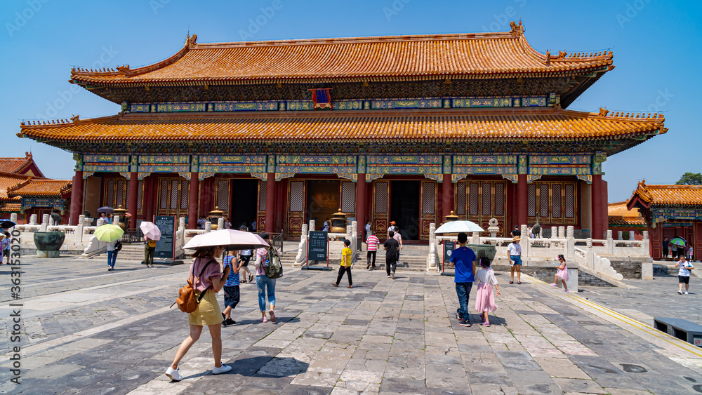 Tiananmen Square is the large square near the center of Beijing, Gate of Heavenly Peace, Forbidden City. Eaves of traditional oriental ancient buildings. Tiananmen Square is the large square near the center of Beijing, Gate of Heavenly Peace, Forbidden City. Eaves of traditional oriental ancient buildings.