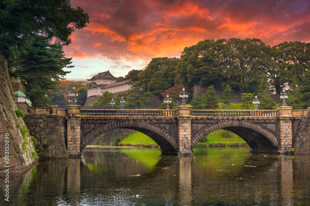 Seimon stonebridge to the Imperial Palace in Tokyo at sunset, Japan