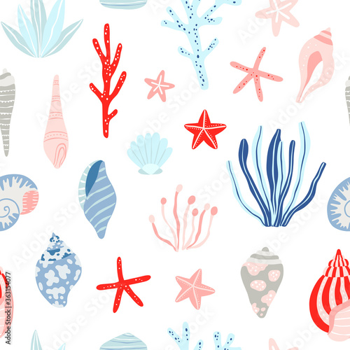Seashell seamless pattern. Vector background with sea plants and sea shells. Underwater digital paper