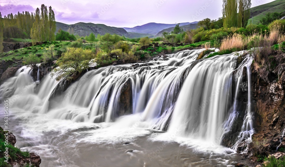Fototapeta premium Van, Turkey - 21 May 2011: Muradiye waterfalls (Eastern Anatolia). Motion blur effect.