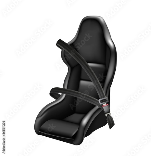 3d realistic vector icon illustration of sport car black leather car seat  with fasten seat belt. Side view.