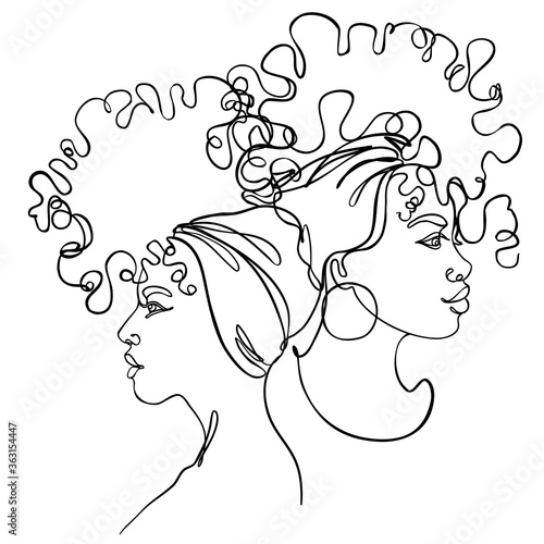 Abstract portrait of young two African American woman. Friends, sisters or couple. Continuous one line drawing isolated on white. Vector illustration in simple modern style.