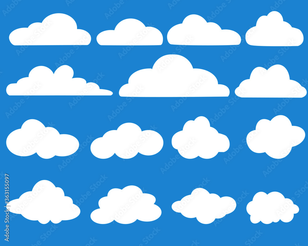 Cloud vector icon symbols set. White clouds cartoon shape drawing flat style on blue sky abstract background, graphic vector illustration element for website, logo, web banner, sticker and any design
