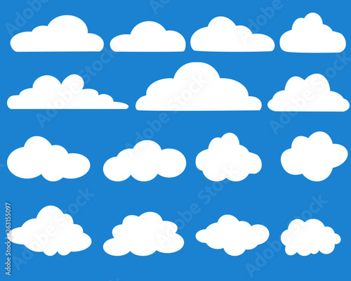 Cloud vector icon symbols set. White clouds cartoon shape drawing flat style on blue sky abstract background, graphic vector illustration element for website, logo, web banner, sticker and any design 