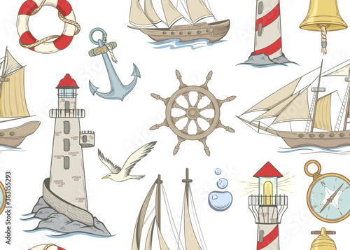 Seamless pattern with map, yachts, sea bell and seagulls. Hand drawn retro style
