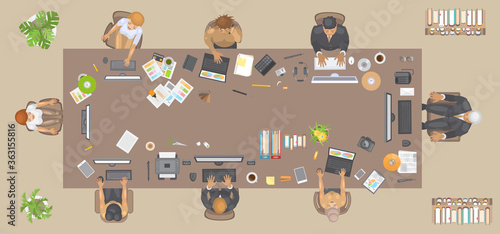 Vector illustration. Office desk, workplace, team work, business team. Top view.