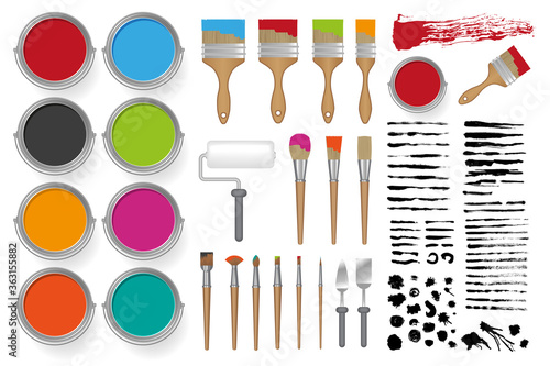 Vector set. Cans of paint, different brushes, various traces of brushes and spray paint. Top view.