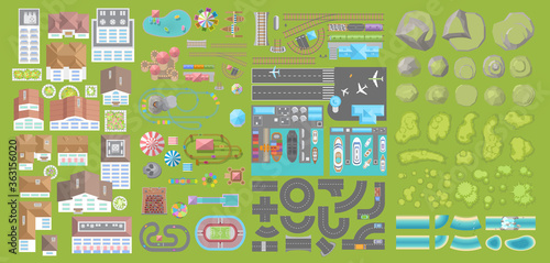 Set of landscape elements. Nature, city, amusement park, transportation. (Top view) Hills, trees, houses, buildings, attractions, railroad, road, port, airport. (View from above)