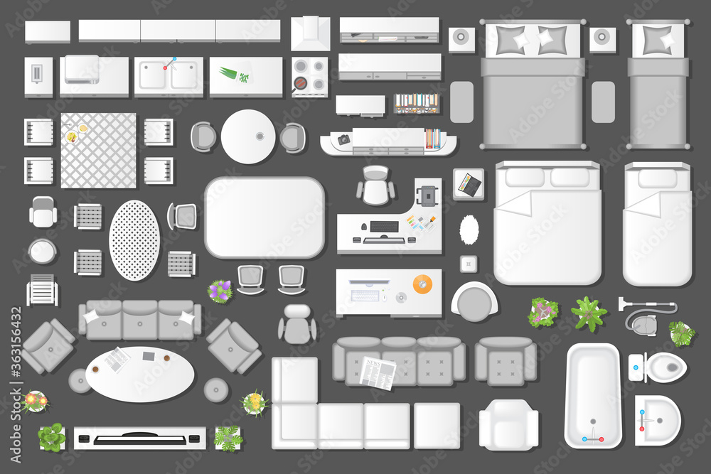 Furniture top view. Icons set of interior. Furniture and elements for living room, bedroom, kitchen, bathroom, office. (view from above) Furniture top view. Icons set of interior. Furniture and elements for living room, bedroom, kitchen, bathroom, office. (view from above)