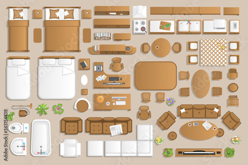 Furniture top view. Icons set of interior. Furniture and elements for living room, bedroom, kitchen, bathroom, office. (view from above)
