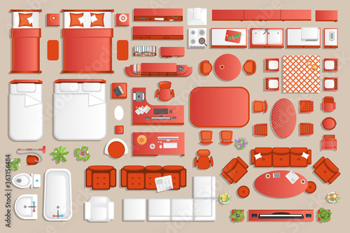 Furniture top view. Icons set of interior. Furniture and elements for living room, bedroom, kitchen, bathroom, office. (view from above)