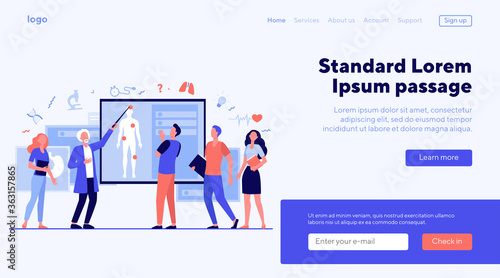 Senior professor lecturing students group in classroom. Grey haired doctor pointing at body silhouette, explaining human anatomy. Vector illustration for education, conference, class, medicine concept