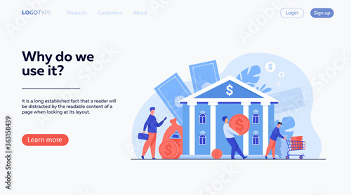 People with money walking to bank building. Queue of characters carrying cash near bank office. Vector illustration for finance, loan, credit department concept