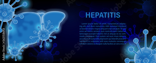 Closeup and crop symbols of virus in neon blue with 3d style and wording of Hepatitis, example texts on virus symbols pattern and dark blue background.