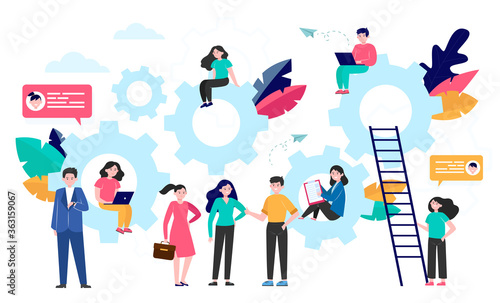 Tiny business people sitting on cogwheel and standing near it isolated flat vector illustration. Man and woman in strategy management system. Engineering, communication and teamwork concept
