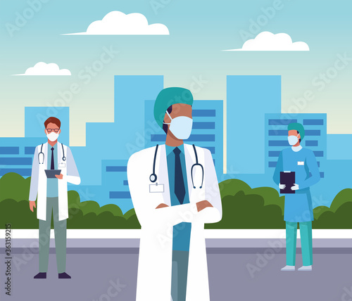 group of doctors wearing medical masks on the city