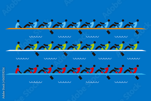 Rowing race eights.
Stylized illustration of Rowers competitors on blue background.Vector available.