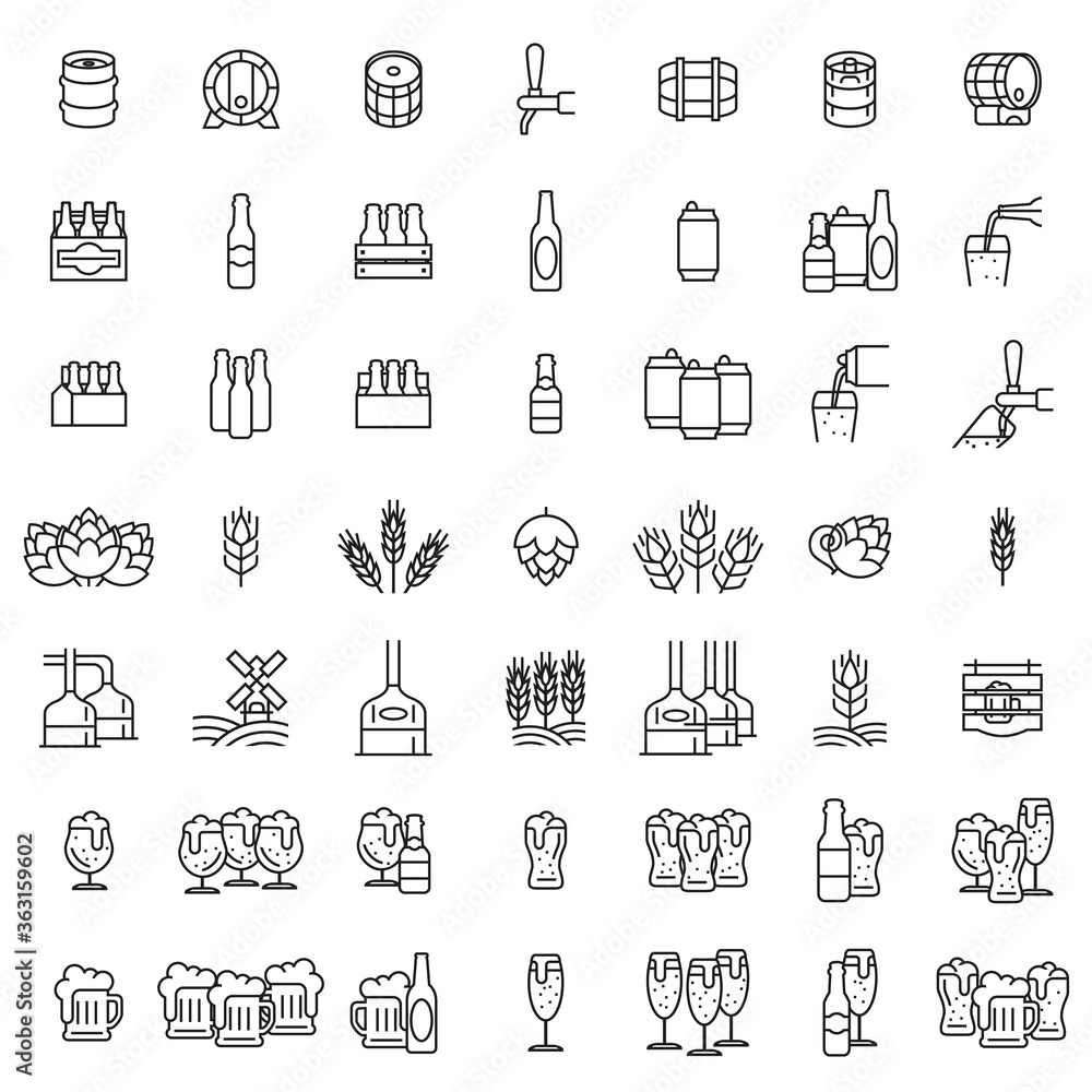 Set icons of beer. Glasses of beer, hops, malt, bottles, cans and barrels of outline. Vector illustration isolated on a white background for design and web. Set icons of beer. Glasses of beer, hops, malt, bottles, cans and barrels of outline. Vector illustration isolated on a white background for design and web.