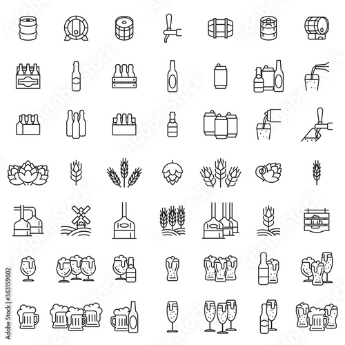 Set icons of beer. Glasses of beer, hops, malt, bottles, cans and barrels of outline. Vector illustration isolated on a white background for design and web.