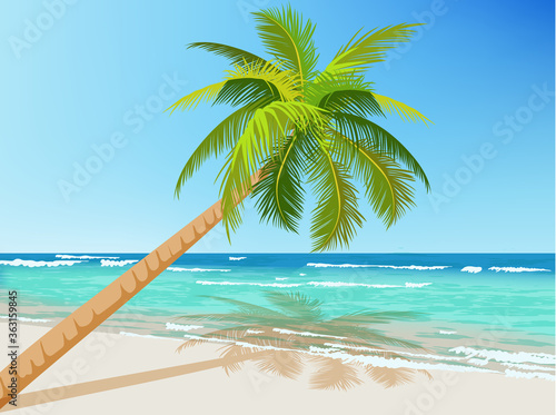 Green palm tree growing above blue sea. Waves on water