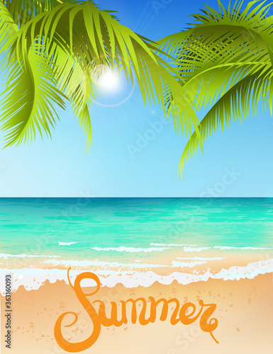 Green palm tree growing above blue sea in summer time. Waves on water