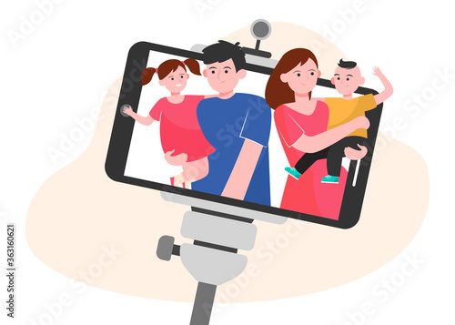 Family selfie on smartphone. Parents and kids taking self picture with cellphone and monopod flat vector illustration. Photography concept for banner, website design or landing web page