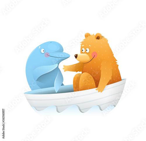 Cute funny Bear meeting dolphin while sailing, colorful animal cartoon for kids storytelling, kind and friendly kids picture. Watercolor style vector graphic for children. photo