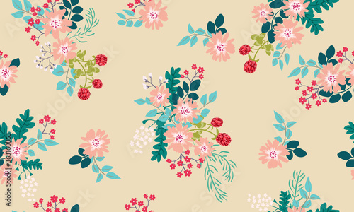 Seamless folk pattern in small wild flowers. Country style millefleurs. Floral meadow background for textile, wallpaper, pattern fills, covers, surface, print, gift wrap, scrapbooking, decoupage.
