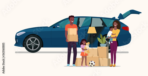 Afro american man, woman  and girl hold boxes. Moving house. Car with open door.  Vector flat style illustration.