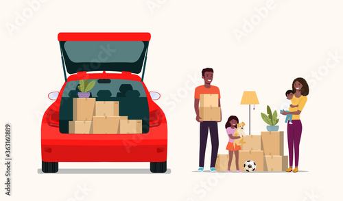Afro american man, woman  and girl hold boxes. Moving house. Car with open door.  Vector flat style illustration.