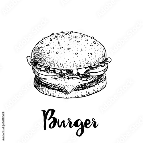 Hand drawn sketch style burger. Fast, street food. Cheeseburger with lettuce, tomato, onion and beef cutlet. Retro vintage style drawing. Vector illustration for menu and package designs.