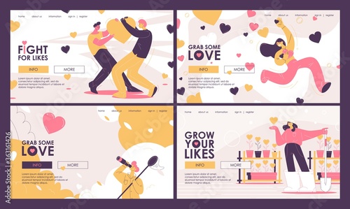 Set vector concept landing page with people fighting, growing, distributing, and looking after in hearts or likes. Banners collection for social media smm and promotion