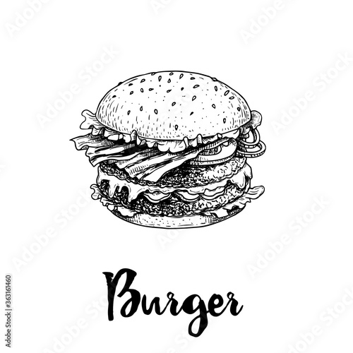 Hand drawn sketch style big burger. Fast, street food. Cheeseburger with bacon fried slices, lettuce, tomato, onion and beef cutlet. Retro vintage style drawing. Vector illustration.