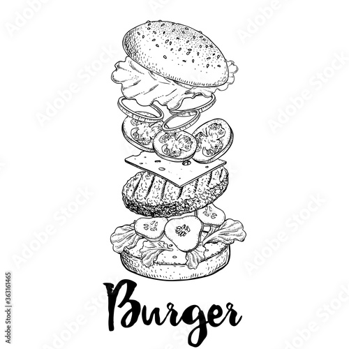 Hand drawn sketch style burger flying ingredients. Fast, street food. Cheeseburger with cucumber,  lettuce, tomato, onion and beef cutlet. Vector illustration for menu and package designs.