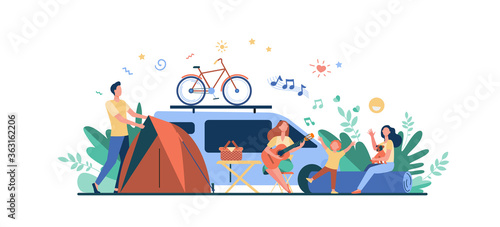 Happy group of tourists camping on nature isolated flat vector illustration. Cartoon friends with kids sitting near bonfire and trailer. Tourism, summer vacation and activity concept