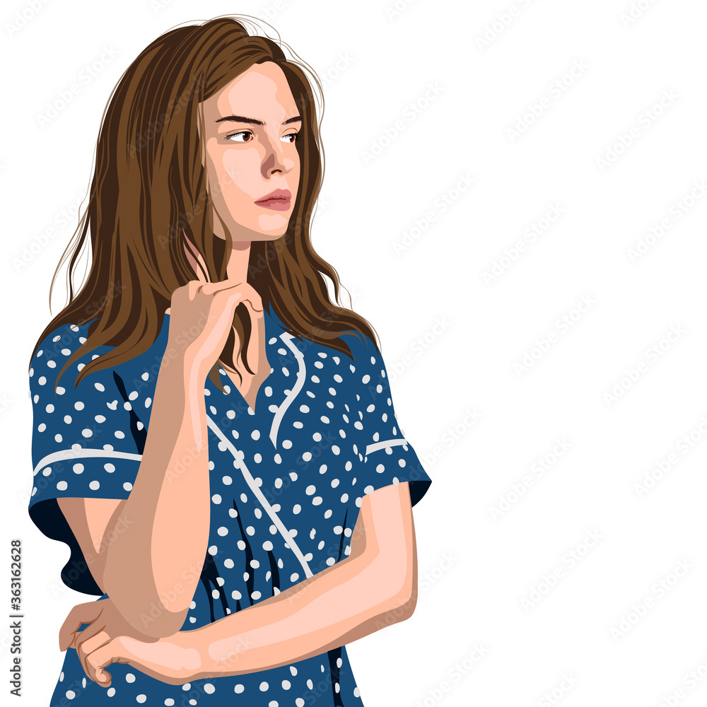 Serious young girl in blue polka dot dress thinking about something Serious young girl in blue polka dot dress thinking about something