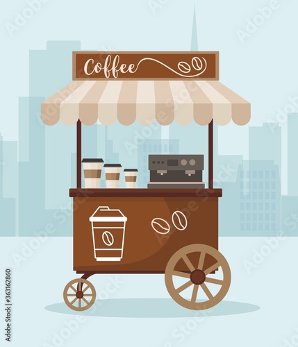 Street market cart with coffee. Market kiosk against the city background. 