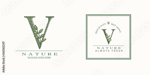 Nature Leaf Initial V Letter Logo, Vector design concept botanical for business identity