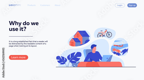 Man sitting at computer and planning his vacation. Office worker thinking about country house, travel by bike or plane. Vector illustration for dream, thought, lifestyle, wealth concept
