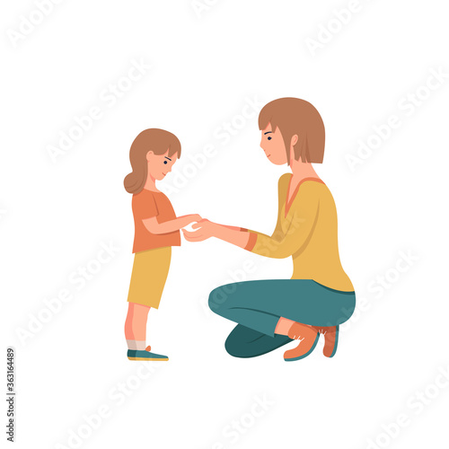 Woman is standing on her knees in front of a little girl. Mother shows love and care to her daughter. Characters isolated on white background. Cute vector illustration.