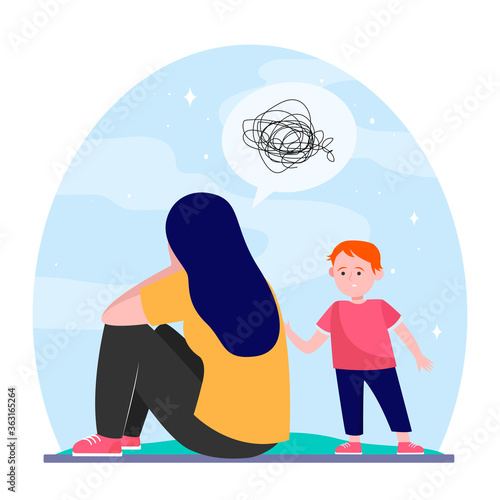 Depressed mother and little son. Upset boy talking to crying woman. flat vector illustration. Depression, motherhood, stress concept for banner, website design or landing web page