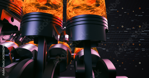 Close Up V8 Engine With Working Pistons And Crankshafts. Digital Background. Ignition And Explosions. Technology And Industry Related 3D Rendering