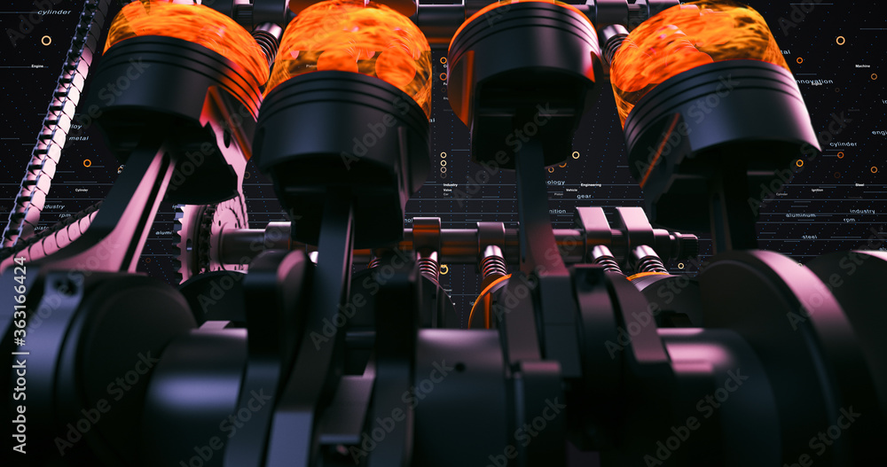 3D Rendering Of A Fuel Injected V8 Engine With Explosions. Pistons And